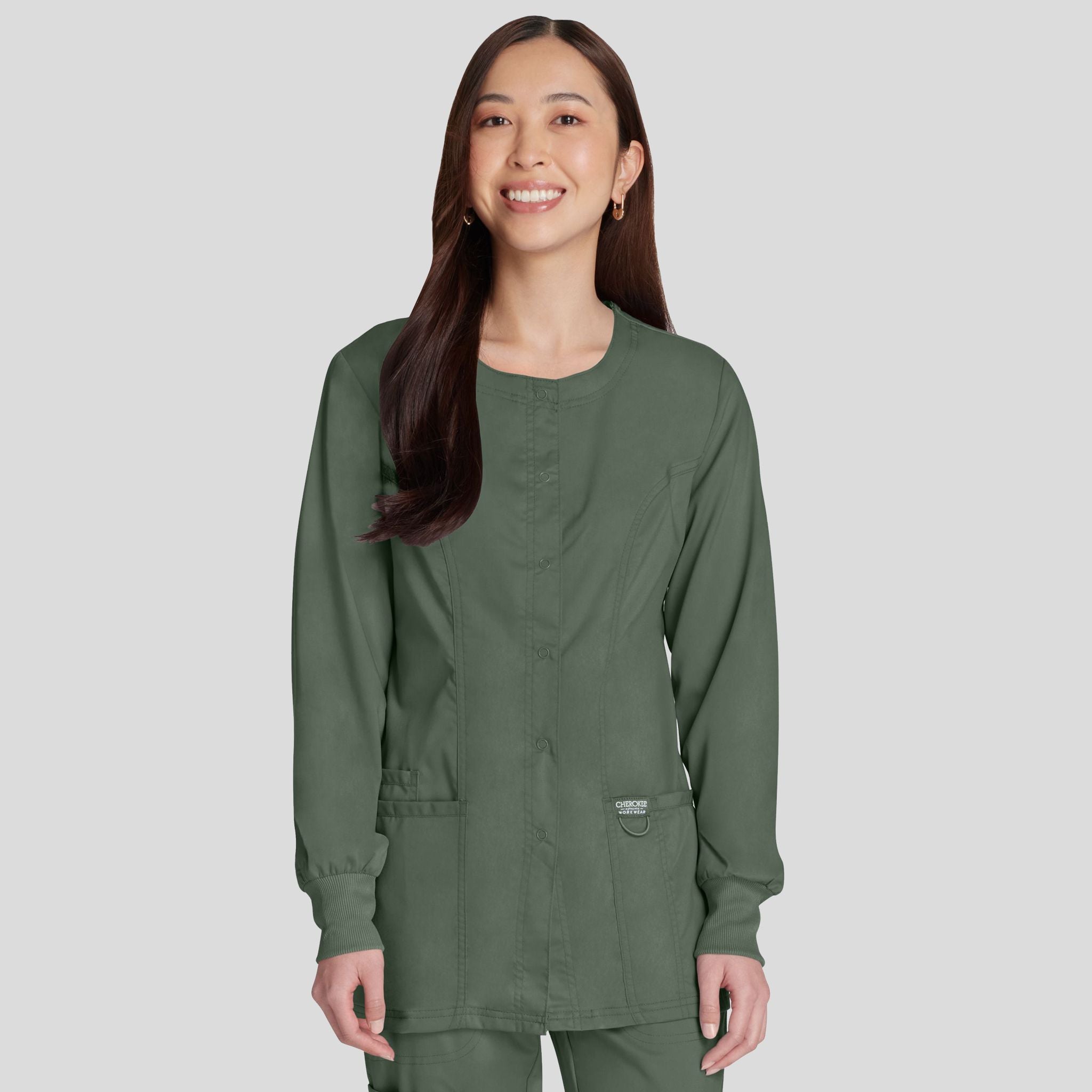 Women's Snap Front Solid Scrub Jacket | Olive