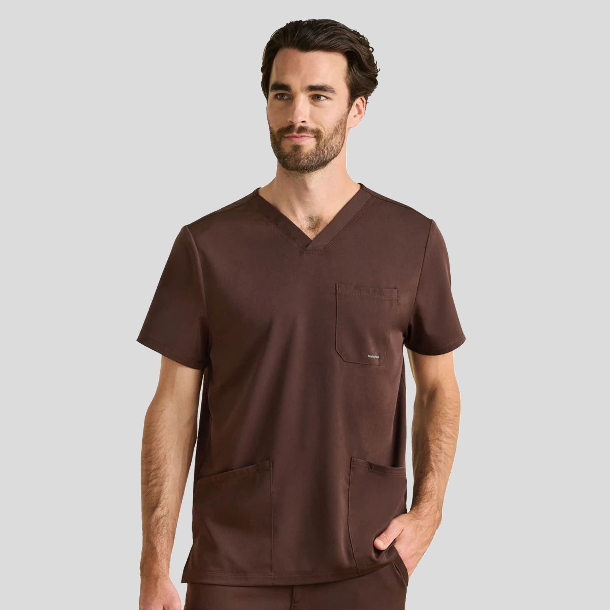 Men's Matthew V-Neck Solid Scrub Top | Dark Chocolate